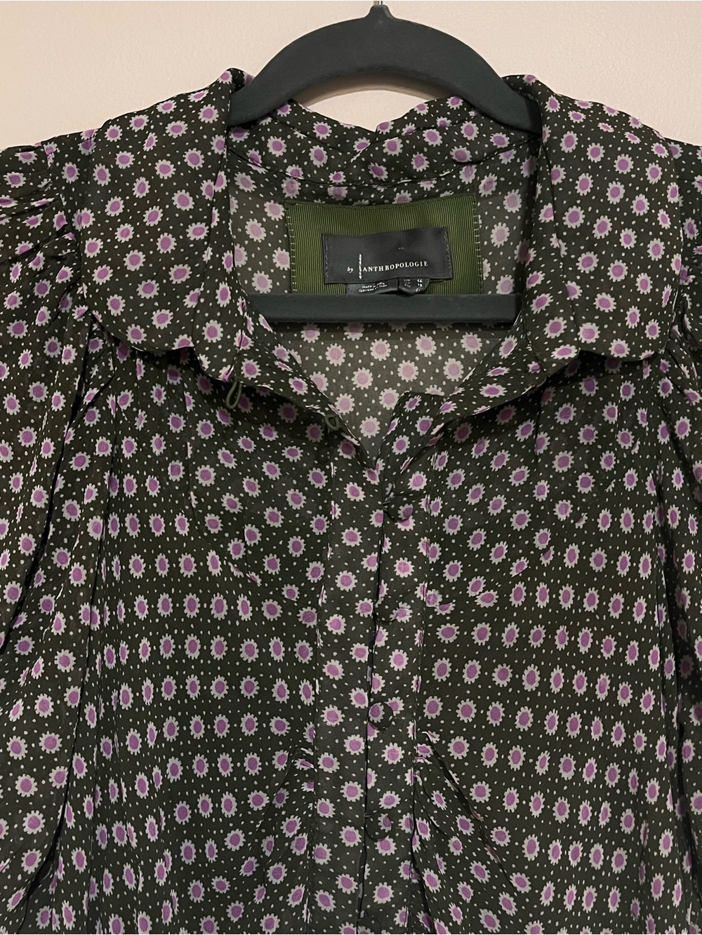 Anthropologie Puff-Sleeve Ruched Mesh Midi Shirt Dress Women Sz 10 Floral office - Picture 5 of 13